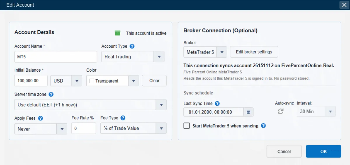 The Account Dialog in its two-column layout: Account Details with name, type, balance, currency, colour, server time zone and fee settings on the left, and Broker Connection with the broker dropdown, connection summary and sync schedule on the right.
