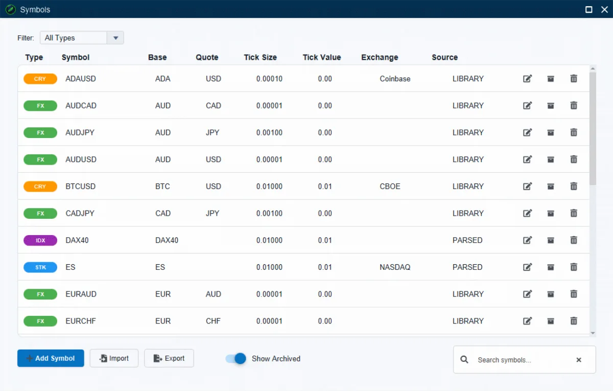 The Symbols Manager, showing the type, symbol, base, quote, tick size, tick value, exchange, and source columns, with the search box and Add Symbol button above.