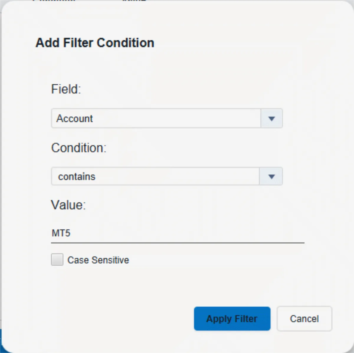 The Filter panel with two or three conditions built up — e.g. account is …, pair is EURUSD, profit greater than 0 — showing the Field / Condition / Value dropdowns, the Add Filter and Clear All buttons, the results label with a match count, and the saved-filters dropdown.