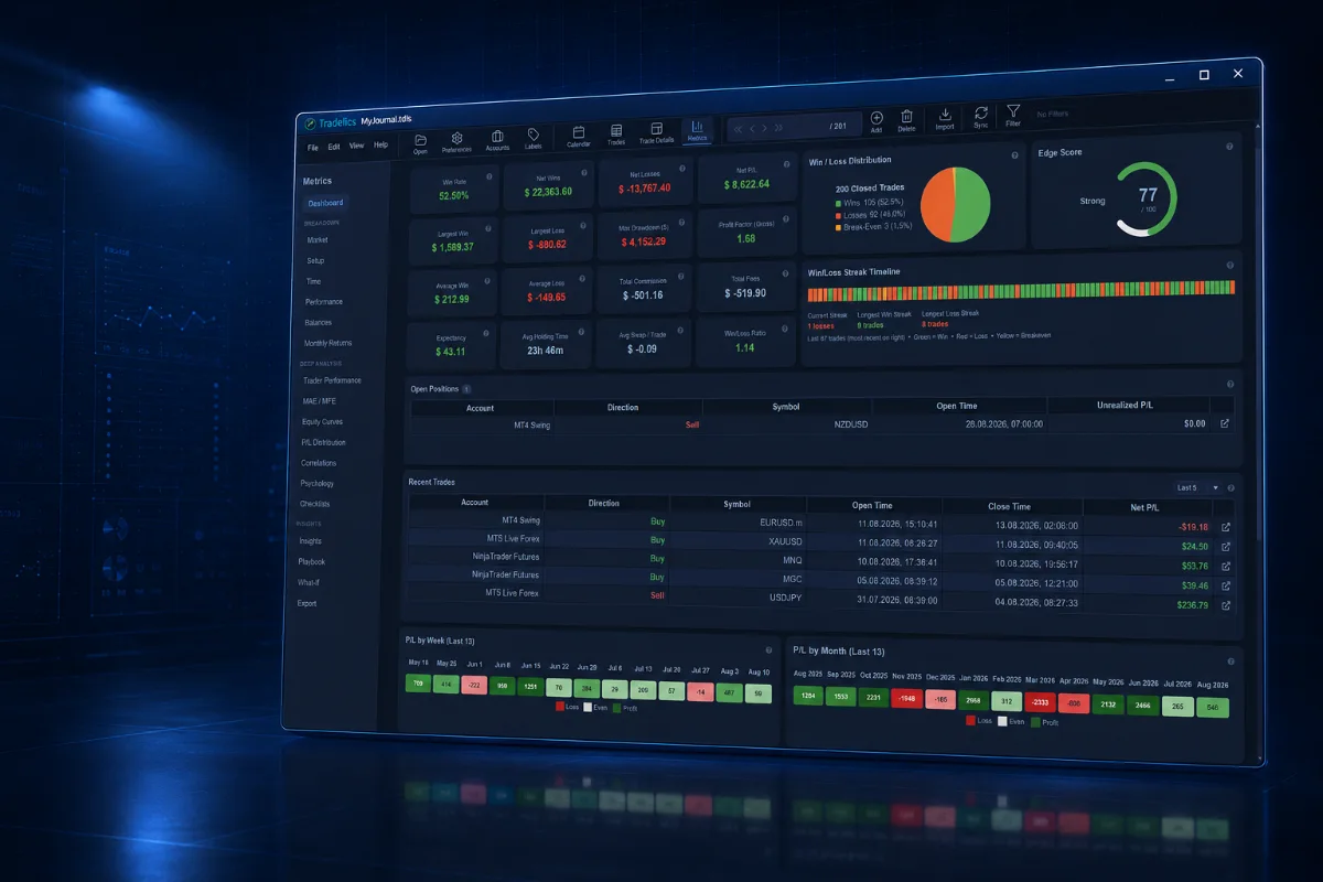Tradelics desktop app dashboard showing win/loss distribution, edge score, and trade performance metrics